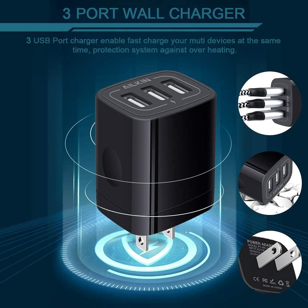 Wall Charger Plug, USB Charger Cube, 3.1A 3-Muti Port USB Adapter Power Plug Charging Station Box Black Base for Iphone 15 14 13 12 11 Pro Max/Se/Xr/Xs/X, Samsung Galaxy Phones USB Charge Block