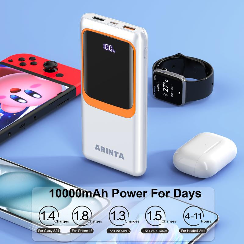 Portable Charger 10000Mah Power Bank with Built-In Cables, Battery Pack for Heated Vest Heated Jacket, PD 22.5W with USB-C Input/Output Phone Charger for Heated Clothing, Smartphones, Smartwatches, Tablets., Etc