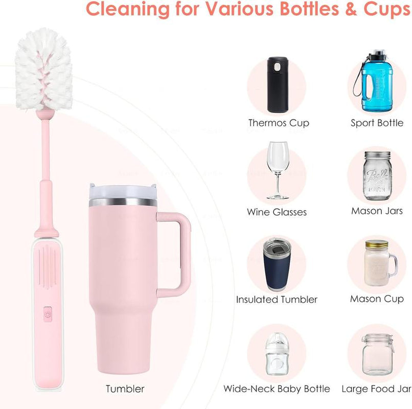 3 in 1Electric Water Bottle Brush Set,Long Handle Bottle Brush with Straw Brush,Kitchen Cleaning Tool for Tumblers, Mugs, Glasses, Jars & Stanley Cup