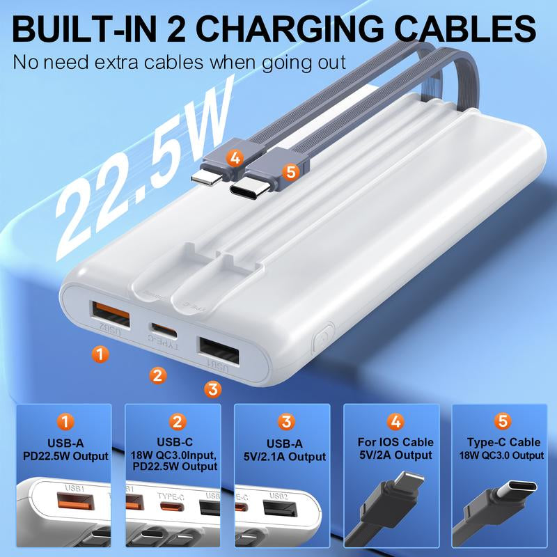 Portable Charger 10000Mah Power Bank with Built-In Cables, Battery Pack for Heated Vest Heated Jacket, PD 22.5W with USB-C Input/Output Phone Charger for Heated Clothing, Smartphones, Smartwatches, Tablets., Etc