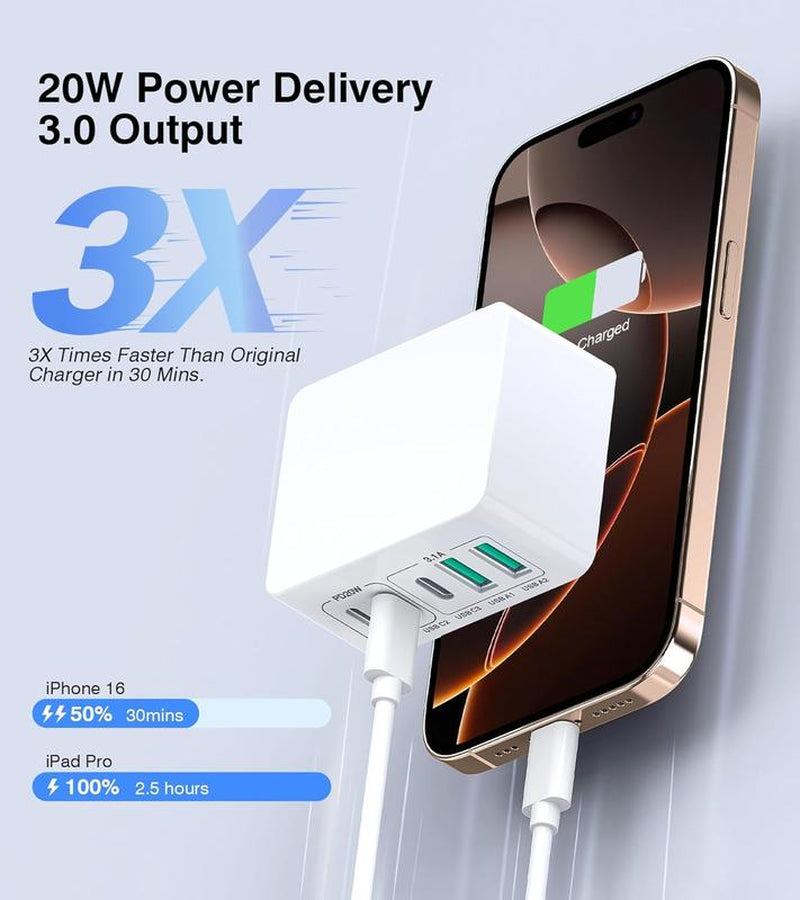 50W USB C Charger Block Thin Flat Charging Cube, 2Pack 5-Port Type C Fast Charging Block Dual Charger PD Power Adapter&Qc 3.0 Wall Plug Multi USB Brick for Iphone 16/15/14/13/12Pro Max Ipad Samsung