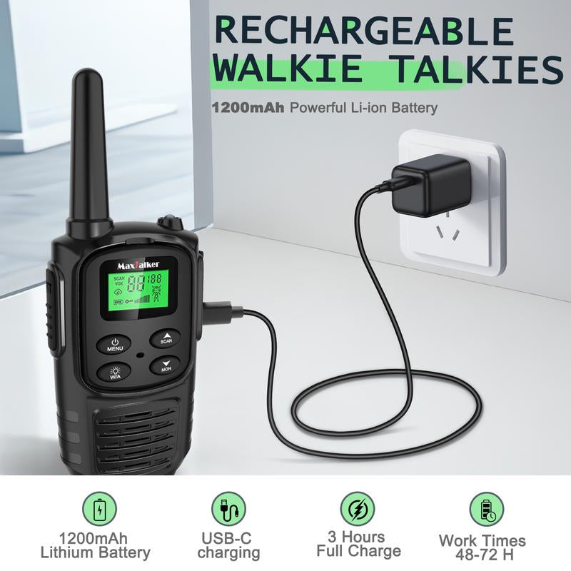 Maxtalker Walkie Talkies Long Range for Adult, MT10 Rechargeable Walkie Talkies FRS Two Way Radio, NOAA, 1200Mah Li-Ion Battery USB-C Cable, LED Flashlight, VOX Walkie Talkie for Hiking Camping