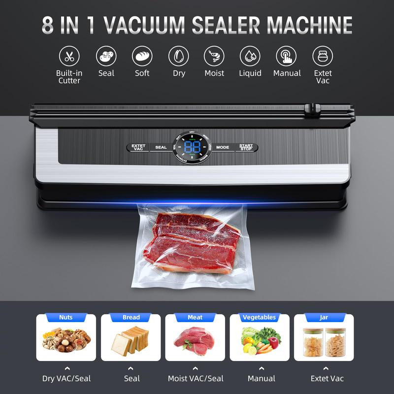 Vacuum Sealer Machine - 8 in 1 Food Vacuum Sealer Machine with Build-In Cutter Automatic Air Sealing System LED Indicator for Food Storage Dry and Moist Food Modes with 15Pcs Seal Bags Kit