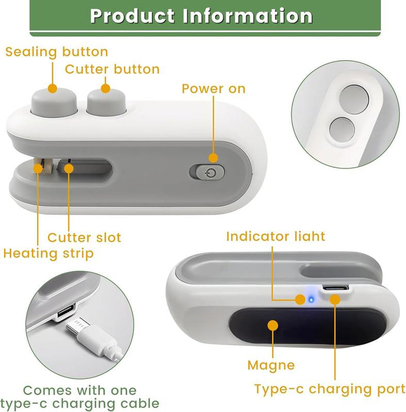 Mini Bag Sealer,2 in 1 Mini Bag Sealer and Cutter,Rechargeable Chip Bag Sealer,Sealer Machine,Bag Sealer for Snack,Sealing Machine for Plastic Bags Snack Bags Portable Multifunctional