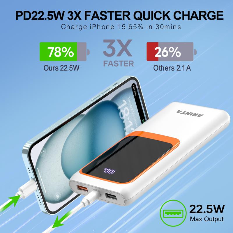 Portable Charger 10000Mah Power Bank with Built-In Cables, Battery Pack for Heated Vest Heated Jacket, PD 22.5W with USB-C Input/Output Phone Charger for Heated Clothing, Smartphones, Smartwatches, Tablets., Etc