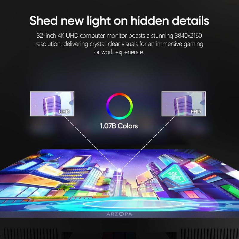 ARZOPA 32” 4K UHD (3840X2160) Gaming Monitor 144HZ IPS Screen, Height Adjustable Stand, VESA Mountable, Support AMD Freesync & NVIDIA G-Sync, DP 1.4, HDMI 2.1 -M3RC