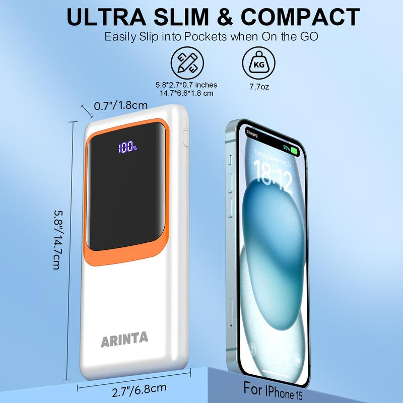 Portable Charger 10000Mah Power Bank with Built-In Cables, Battery Pack for Heated Vest Heated Jacket, PD 22.5W with USB-C Input/Output Phone Charger for Heated Clothing, Smartphones, Smartwatches, Tablets., Etc