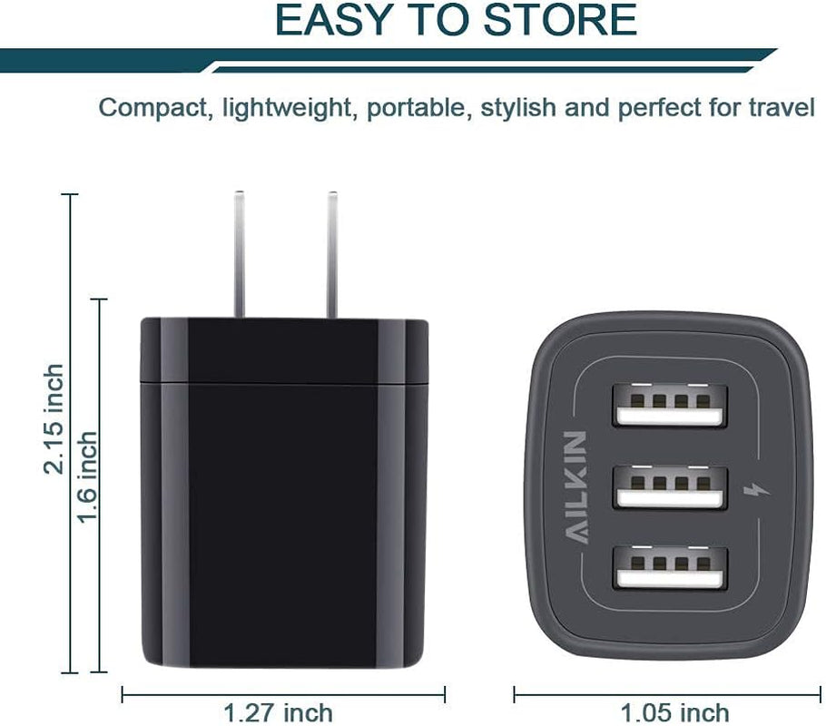 Wall Charger Plug, USB Charger Cube, 3.1A 3-Muti Port USB Adapter Power Plug Charging Station Box Black Base for Iphone 15 14 13 12 11 Pro Max/Se/Xr/Xs/X, Samsung Galaxy Phones USB Charge Block