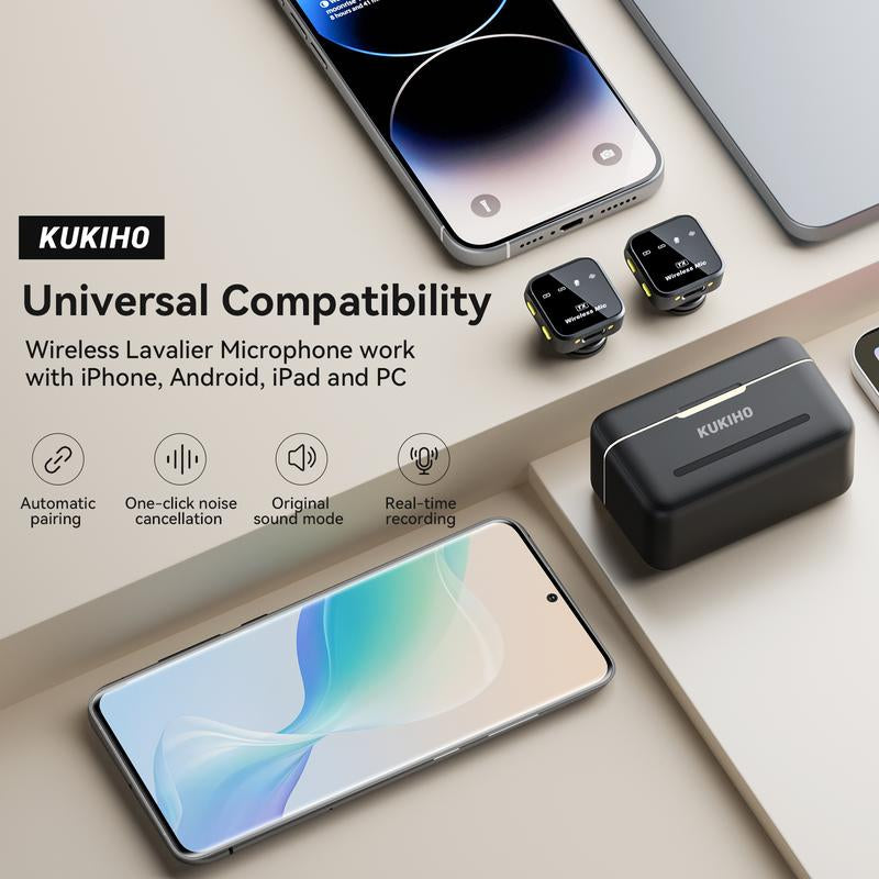 KUKIHO Wireless Lavalier Microphone with Charging Case – 164Ft Range, 72H Battery – for Iphone, Android, Ipad, Laptop – Clip-On Mic for Video, Interview, Vlog