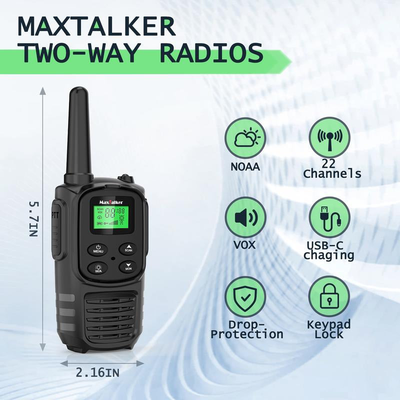 Maxtalker Walkie Talkies Long Range for Adult, MT10 Rechargeable Walkie Talkies FRS Two Way Radio, NOAA, 1200Mah Li-Ion Battery USB-C Cable, LED Flashlight, VOX Walkie Talkie for Hiking Camping