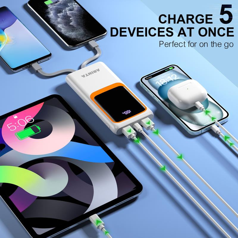 Portable Charger 10000Mah Power Bank with Built-In Cables, Battery Pack for Heated Vest Heated Jacket, PD 22.5W with USB-C Input/Output Phone Charger for Heated Clothing, Smartphones, Smartwatches, Tablets., Etc