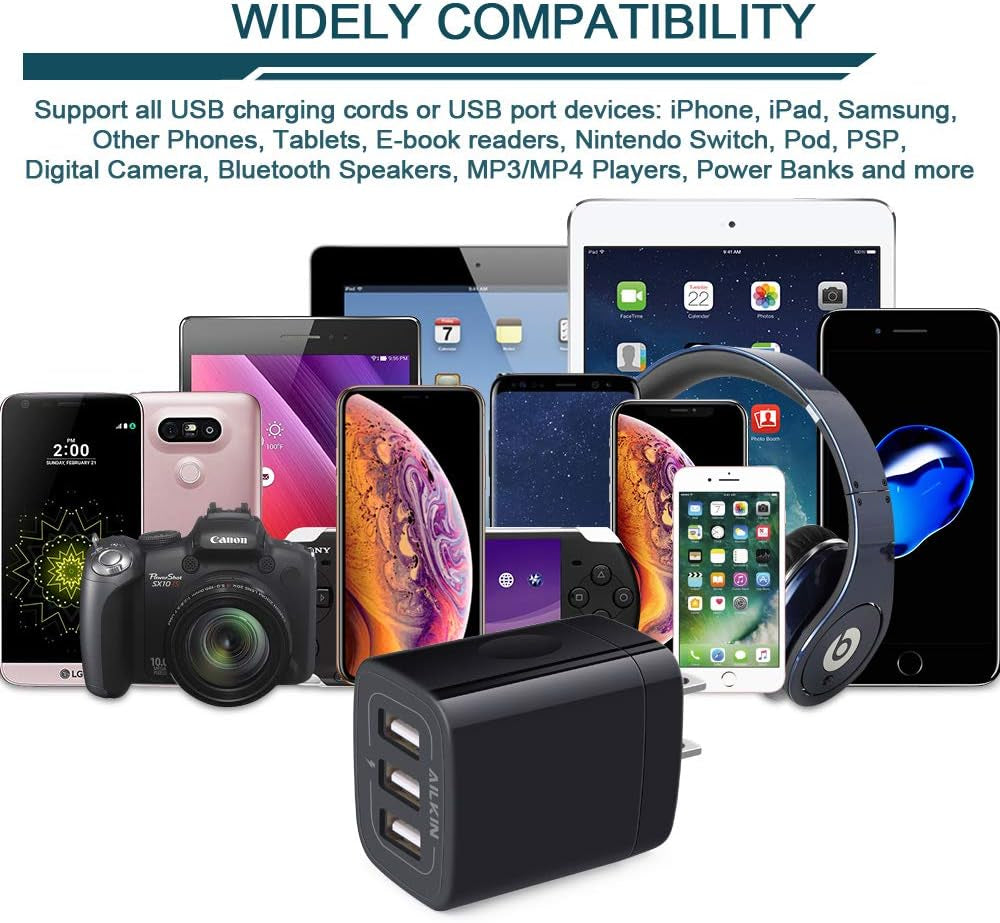 Wall Charger Plug, USB Charger Cube, 3.1A 3-Muti Port USB Adapter Power Plug Charging Station Box Black Base for Iphone 15 14 13 12 11 Pro Max/Se/Xr/Xs/X, Samsung Galaxy Phones USB Charge Block
