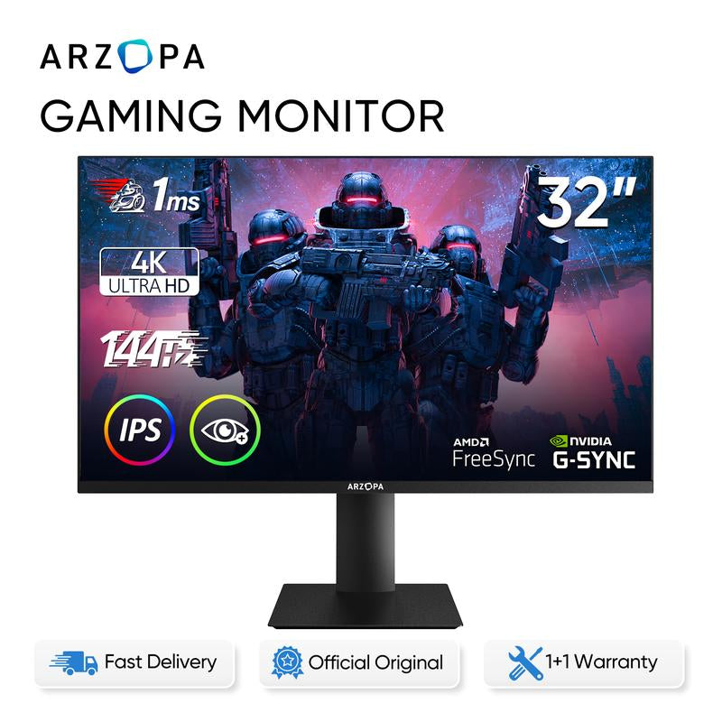 ARZOPA 32” 4K UHD (3840X2160) Gaming Monitor 144HZ IPS Screen, Height Adjustable Stand, VESA Mountable, Support AMD Freesync & NVIDIA G-Sync, DP 1.4, HDMI 2.1 -M3RC