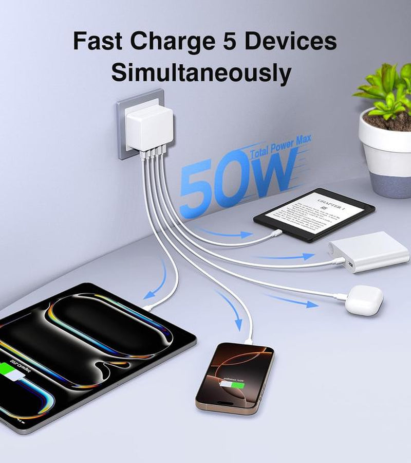 50W USB C Charger Block Thin Flat Charging Cube, 2Pack 5-Port Type C Fast Charging Block Dual Charger PD Power Adapter&Qc 3.0 Wall Plug Multi USB Brick for Iphone 16/15/14/13/12Pro Max Ipad Samsung