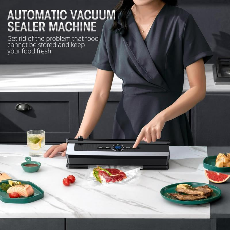 Vacuum Sealer Machine - 8 in 1 Food Vacuum Sealer Machine with Build-In Cutter Automatic Air Sealing System LED Indicator for Food Storage Dry and Moist Food Modes with 15Pcs Seal Bags Kit