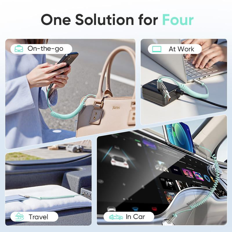 MAGIC JOHN Aromatherapy 4-In-1 Coiled Universal USB Charger Cable ️240W Fast Charging & Data Sync for Iphone & Android, Build-In Fragrant, Retractable Carplay Cord