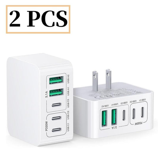 50W USB C Charger Block Thin Flat Charging Cube, 2Pack 5-Port Type C Fast Charging Block Dual Charger PD Power Adapter&Qc 3.0 Wall Plug Multi USB Brick for Iphone 16/15/14/13/12Pro Max Ipad Samsung