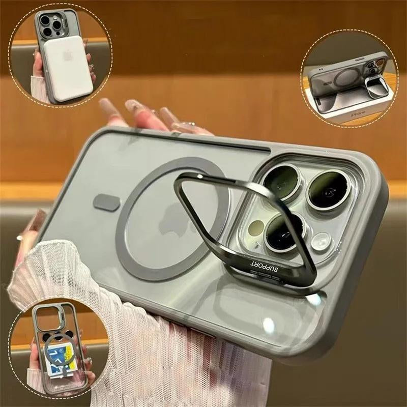 Magsafe Luxury Transparent Phone Case for Iphone 11 12 13 14 15 16 Pro Max plus Magnetic Kickstand Stand Shockproof Bumper Cover