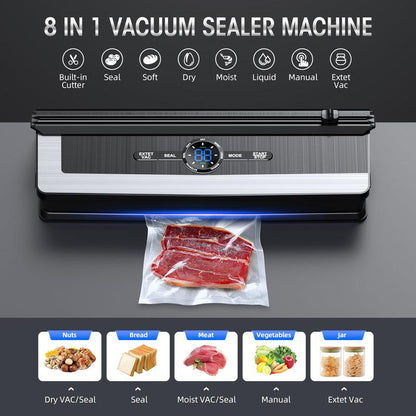 Vacuum Sealer Machine - 8 in 1 Food Vacuum Sealer Machine with Build-In Cutter Automatic Air Sealing System LED Indicator for Food Storage Dry and Moist Food Modes with 15Pcs Seal Bags Kit